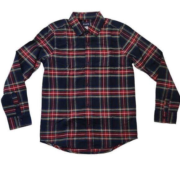 The Children's Place Boys Size 10/12 Red Blue Plain Long Sleeve Button Down Shir - Picture 1 of 5